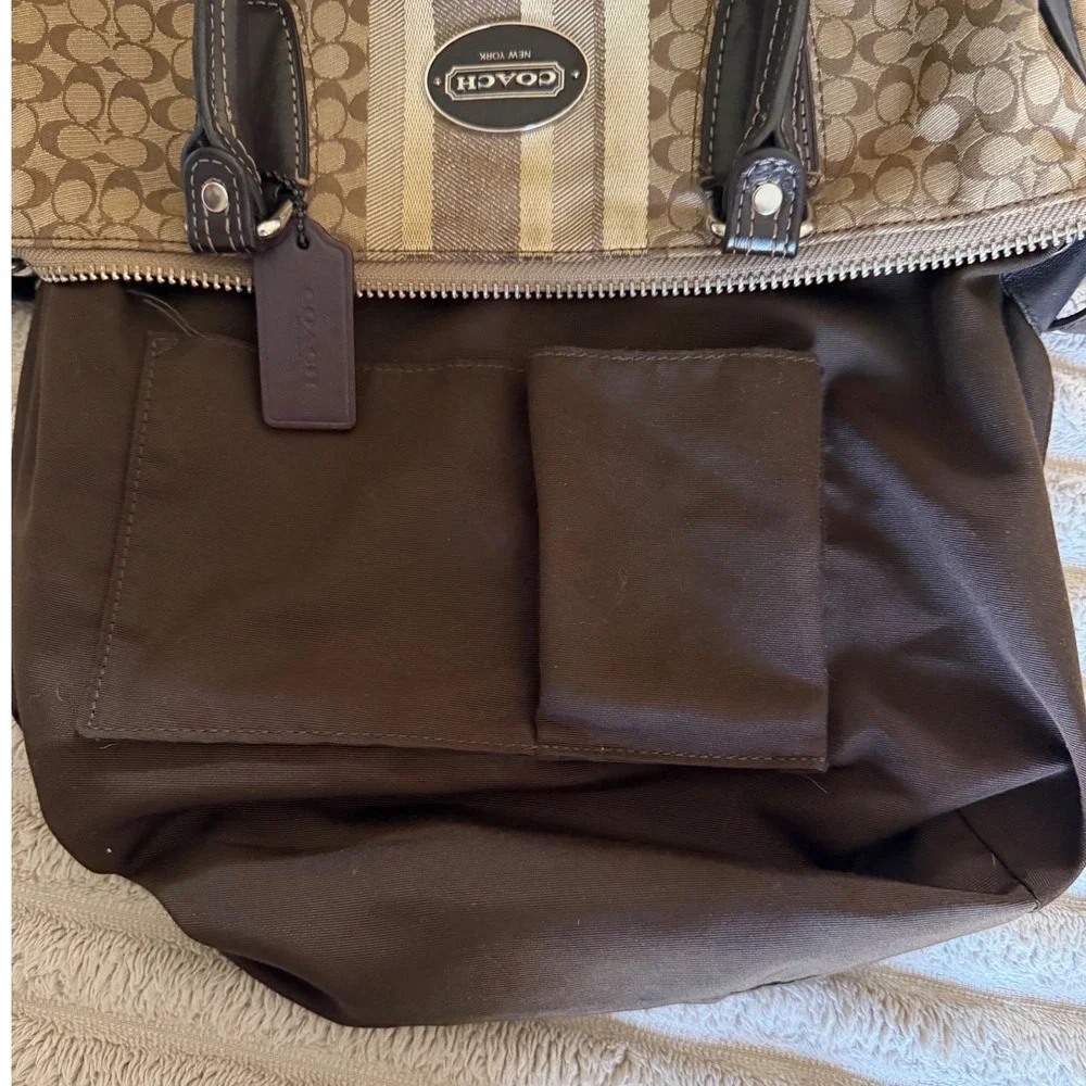 Coach Legacy Signature Stripe Satchel Khaki Mahogany Canvas Leather Handbag